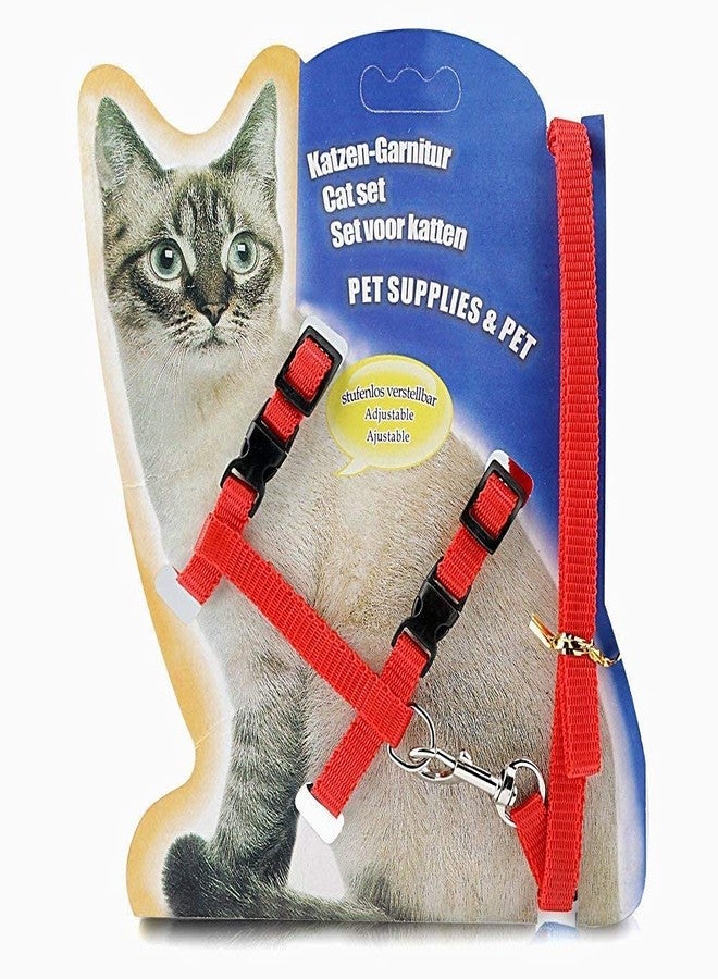 Pups&Pets Cat Harness Leash Set - Adjustable Nylon Harness Strap Collar with Leash Set for Small Pet Walking - Plain (Red) - Image 1